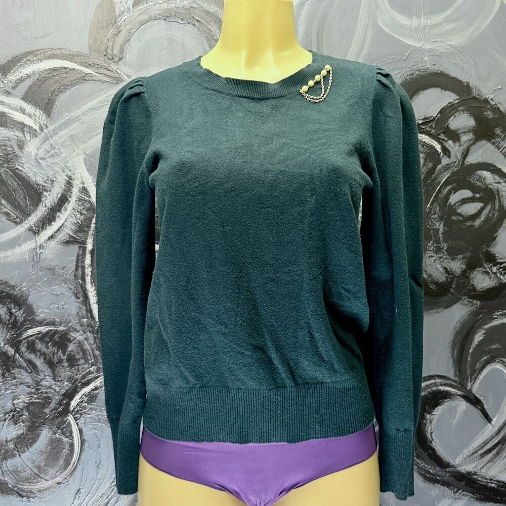 Marled Sweater L Deep Green Puff Sleeve Crew Neck Knit
